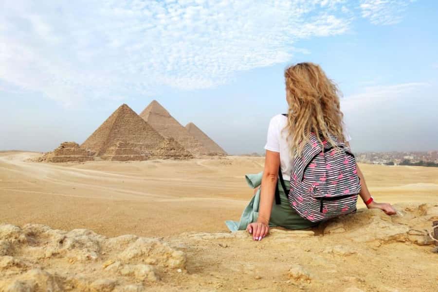 The Giza pyramids from the desert plateau