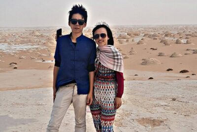Overnight camping black and white desert.